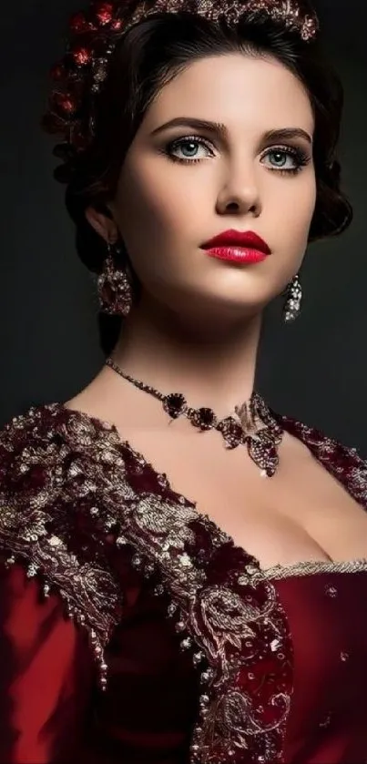 Elegant woman in burgundy dress with ornate design on black background.