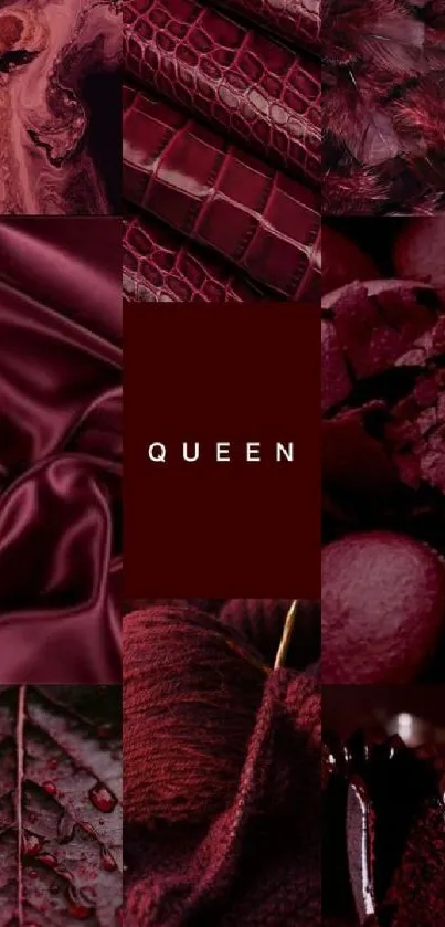 Burgundy textured collage with 'Queen' text in center.