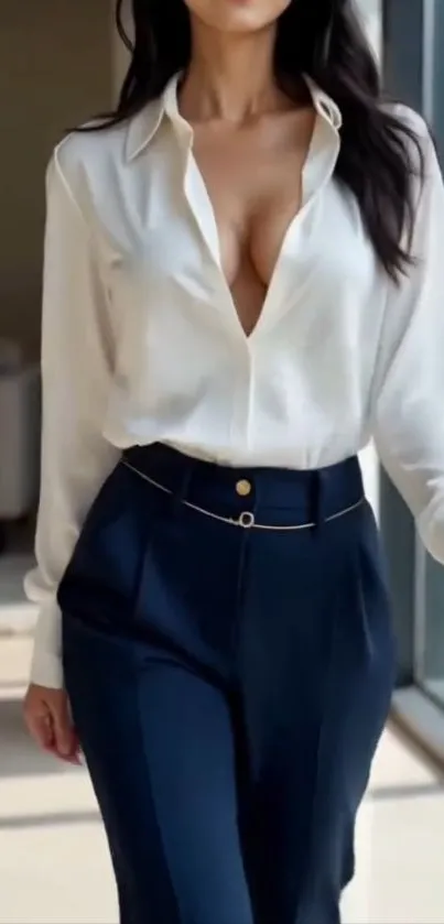 Woman in elegant business attire with white shirt and dark trousers.