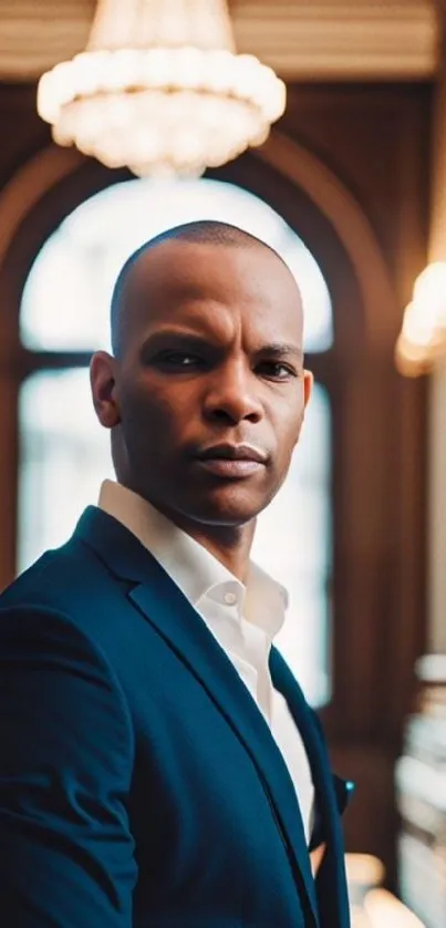 Elegant business portrait of a confident man in a suit with a dramatic background.