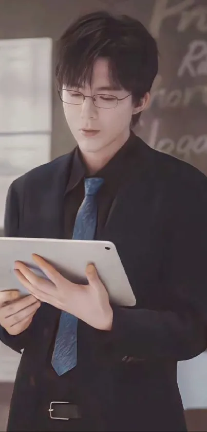 Elegant businessman in a suit holding a tablet.