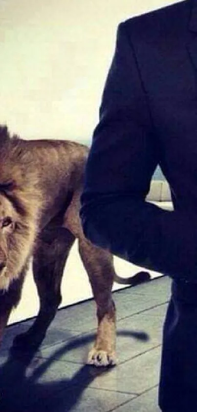 Elegant businessman in navy suit with lion by side.