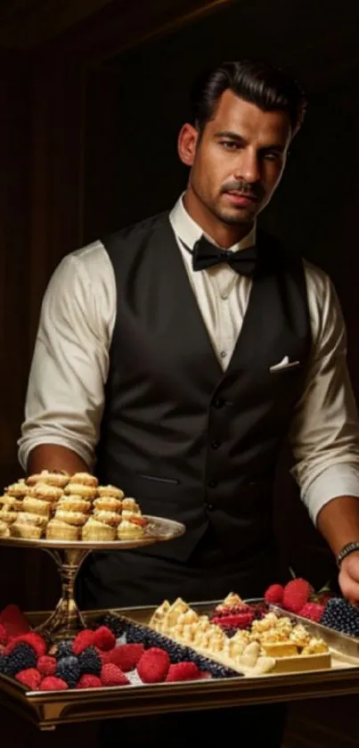 Waiter in formal wear with dessert tray in elegant setting.