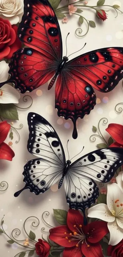 Red and white butterflies among vibrant flowers in artistic wallpaper.