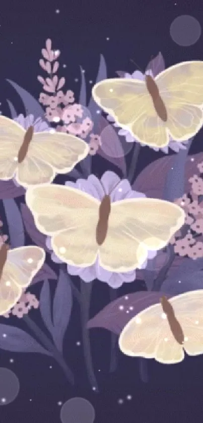 Yellow butterflies with purple floral background art.