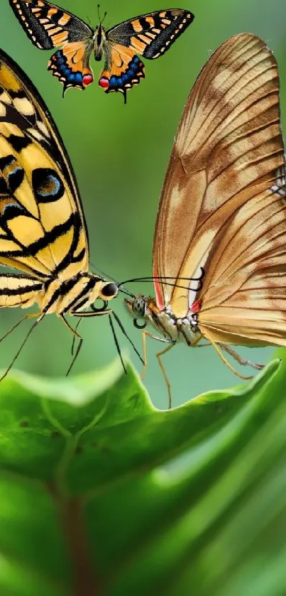 Three butterflies rest on a green leaf with blurred background.
