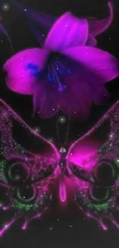 Neon pink butterfly and flower on black background wallpaper.