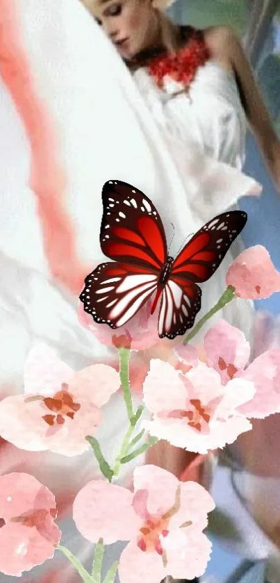 Butterfly on pink blossoms mobile wallpaper, elegant and serene.