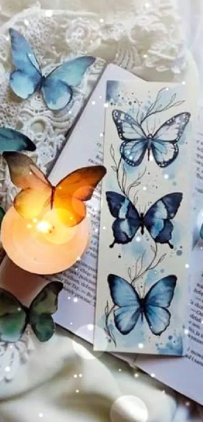 Blue butterflies rest on an open book with lace and a lit candle.