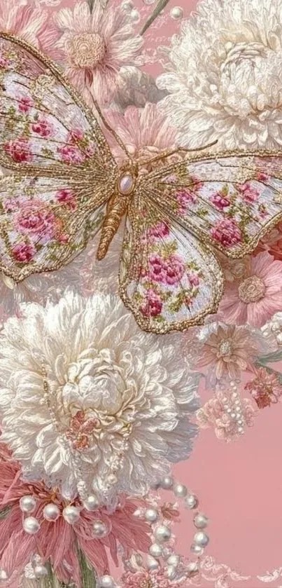 Delicate butterfly on pink floral wallpaper