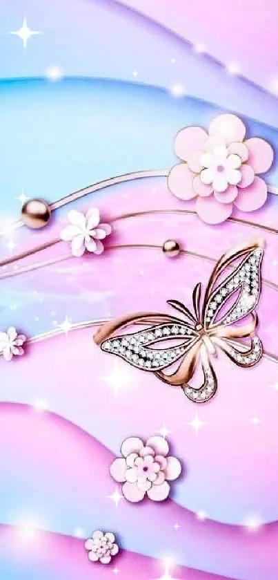 Elegant butterfly and flowers on a pastel background.