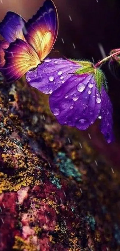 A butterfly resting on a purple flower with a vivid and detailed nature backdrop.