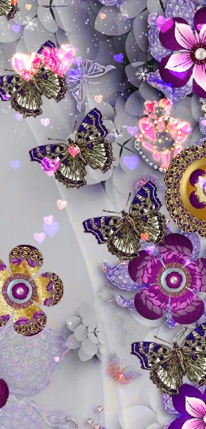 Elegant mobile wallpaper with butterflies and purple flowers.