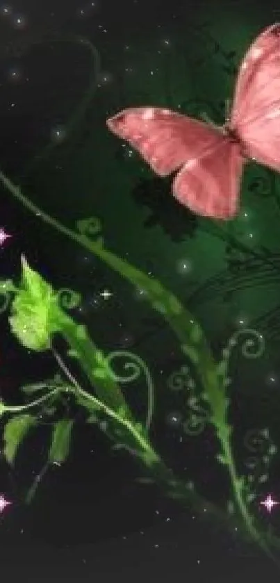 Pink butterfly and flower with green swirls on a dark background.