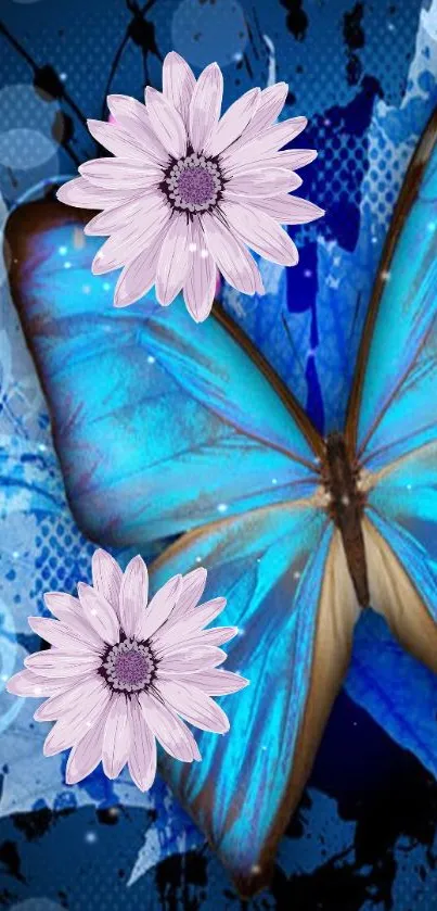 Blue butterfly with purple flowers on dark background.