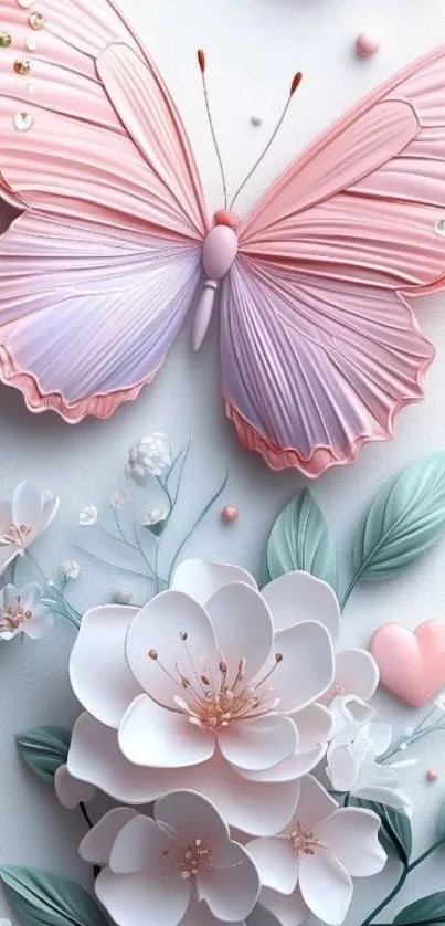 Pink butterfly with floral design wallpaper.