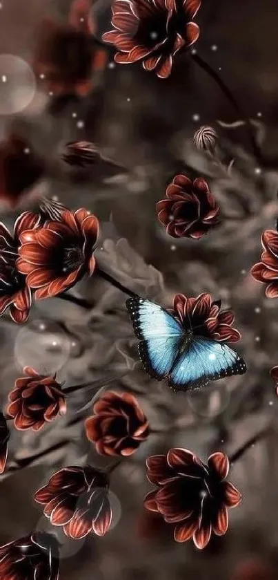 Blue butterfly with red flowers mobile wallpaper, elegant nature design.