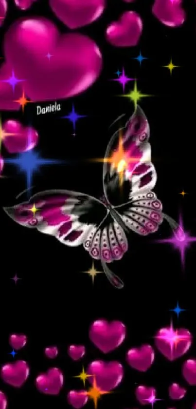 Vibrant butterfly with pink hearts on a black background mobile wallpaper.