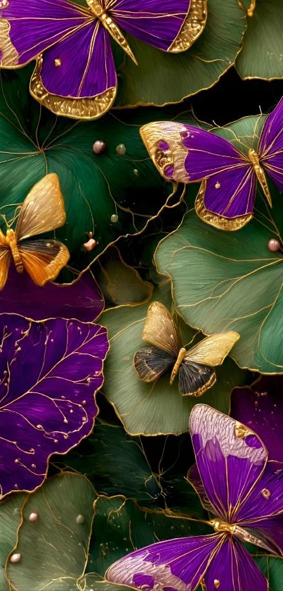 Elegant butterfly and leaf design wallpaper with vibrant colors.