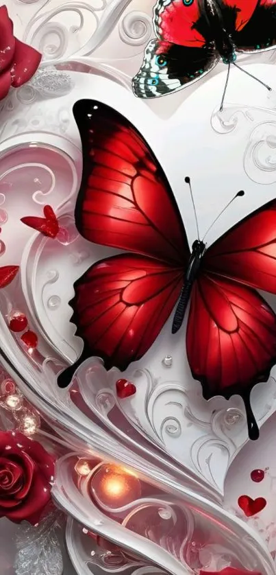 Red butterfly with roses on swirled white background.