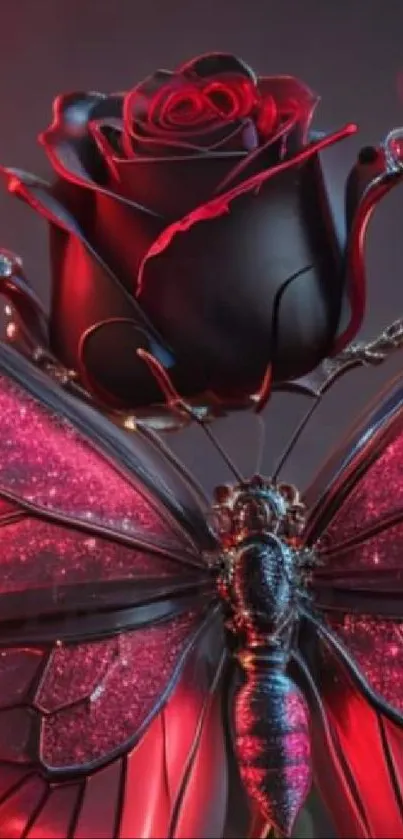 Mobile wallpaper with red rose and glittery black butterfly.