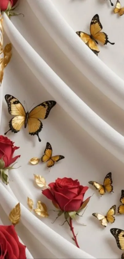Elegant wallpaper with red roses and golden butterflies on white.