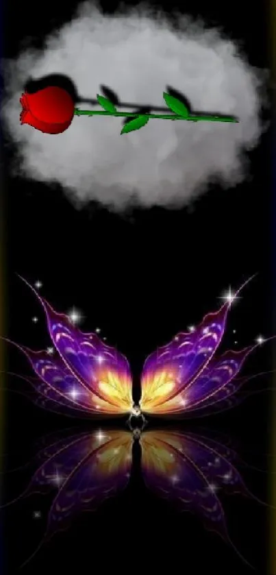 Butterfly and rose on black wallpaper with reflection.
