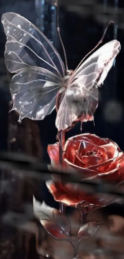 A clear-winged butterfly perched on a red rose.