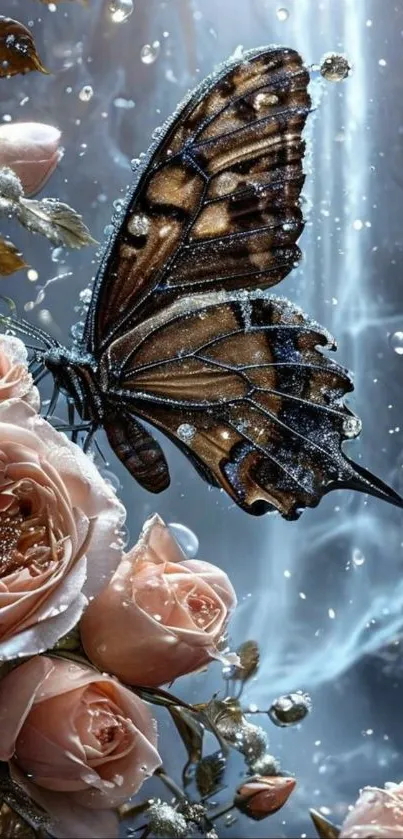 Butterfly perching on roses with waterfall in the background.