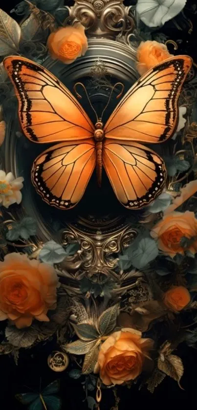 Orange butterfly surrounded by roses and leaves.