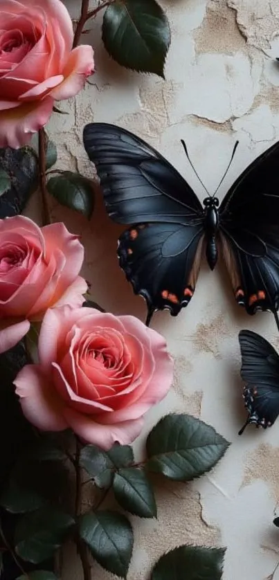 Elegant black butterflies and vibrant pink roses on a wall background.