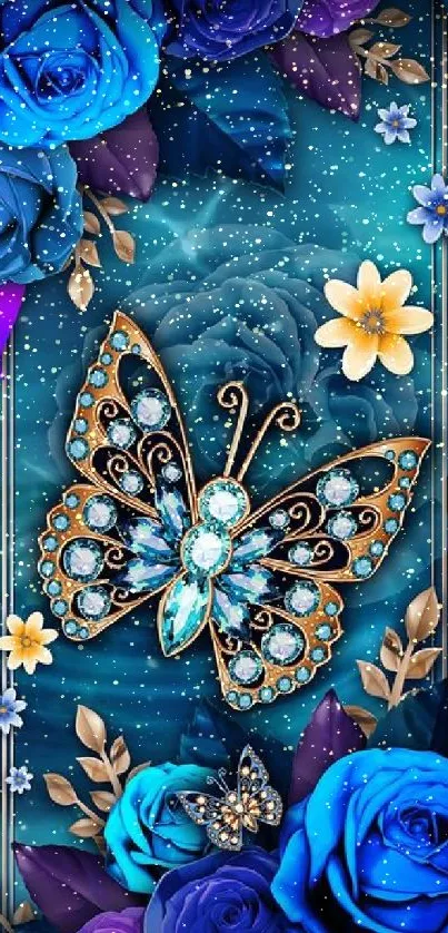 Elegant wallpaper featuring butterfly and blue roses.