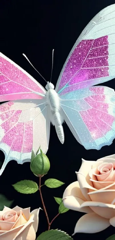 Elegant butterfly on peach roses against a dark background wallpaper.