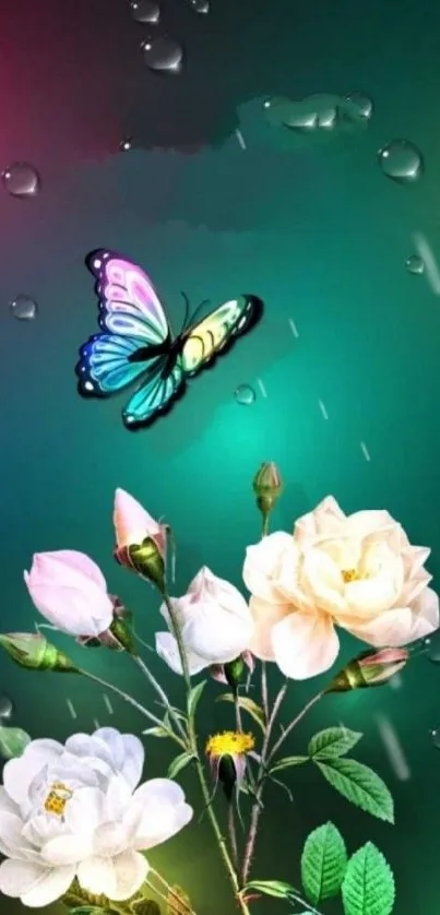 Butterfly and roses on a green background wallpaper.