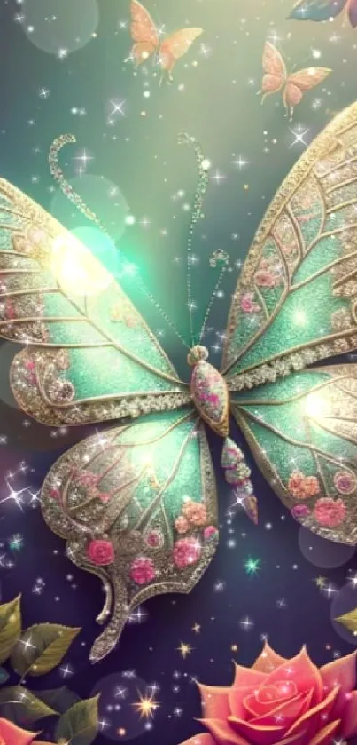 Luxurious gold butterfly and roses on mobile wallpaper.