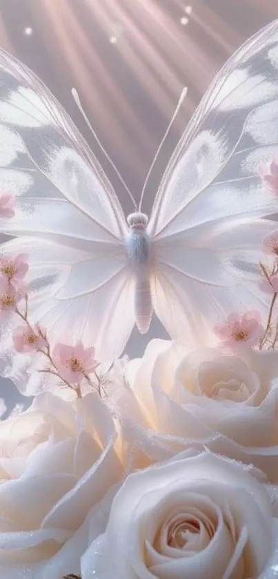White butterfly on roses with pink accents.