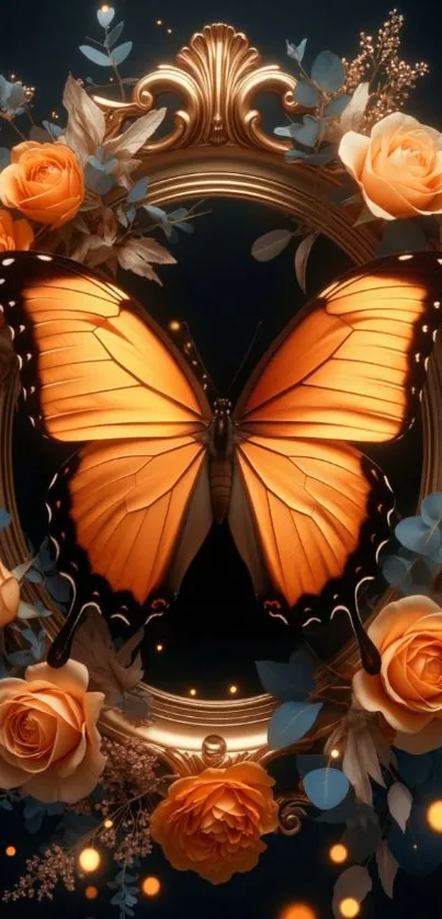 Elegant butterfly with orange roses on ornate frame.