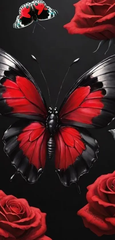 Red and black butterfly with vibrant roses on a dark background.