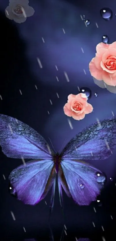 Purple butterfly with pink roses on dark background