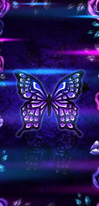 Purple butterfly surrounded by roses on wallpaper.