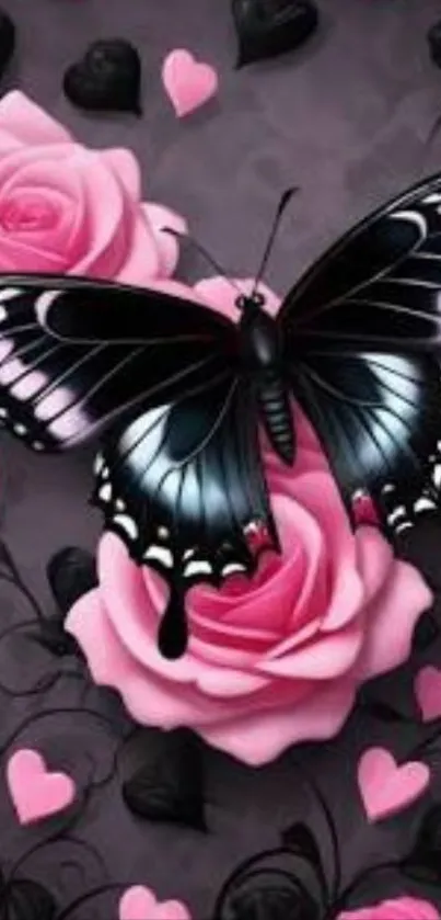 Black butterfly on pink roses with hearts.