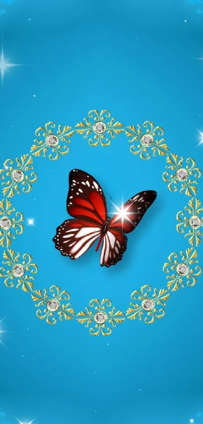 Red butterfly in golden circle on blue, snowflake-themed wallpaper.