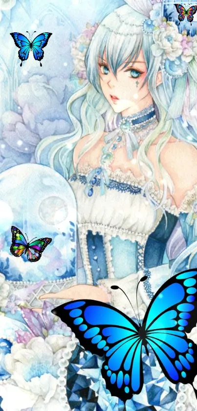 Anime girl with blue butterflies and flowers in light blue tones.