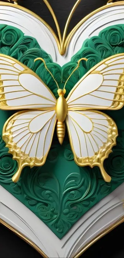 Stylish gold and green butterfly art wallpaper for mobile phones.