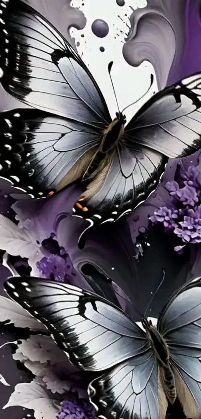 Elegant butterfly design with purple flowers.