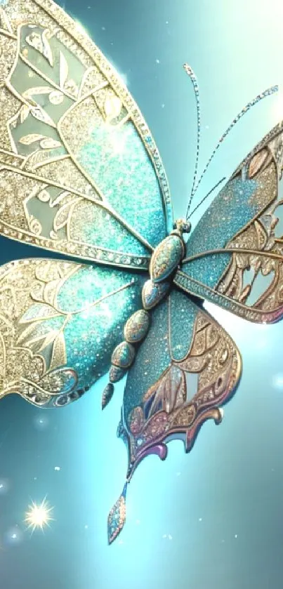 Elegant butterfly with golden details on blue background wallpaper.