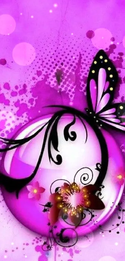 Abstract butterfly and floral art on a vibrant pink background.