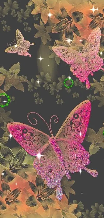 Elegant pink butterfly wallpaper with floral details.