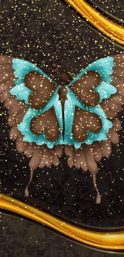 Elegant brown butterfly with turquoise accents on a dark floral background.