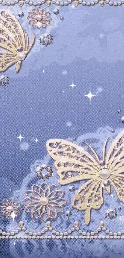 Elegant wallpaper featuring intricate butterflies on a soft blue background.